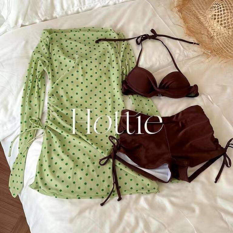 Conservative Polka Dot Long Sleeve Rash Guard Bikini Set