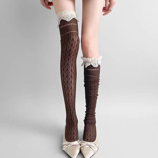 Lace Trim Diamond Pattern Over-the-Knee Socks for Women
