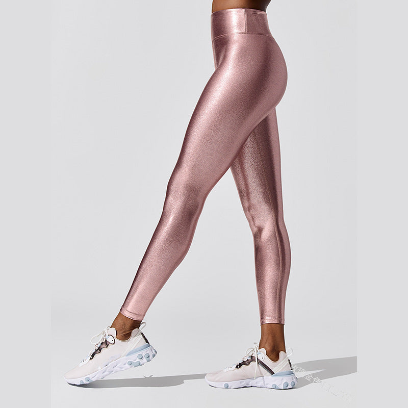 High-Waisted Metallic Leggings Pure Colour Yoga Pants Butt-Lifting Pencil Leggings
