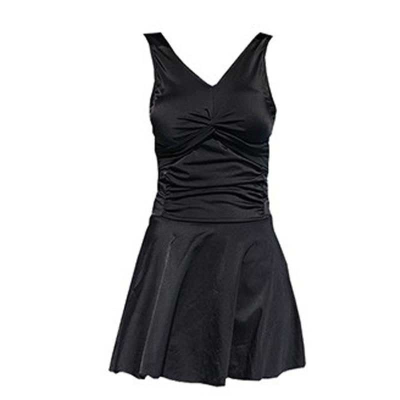 conservative one piece swimsuit, slimming skirt dress, tummy control