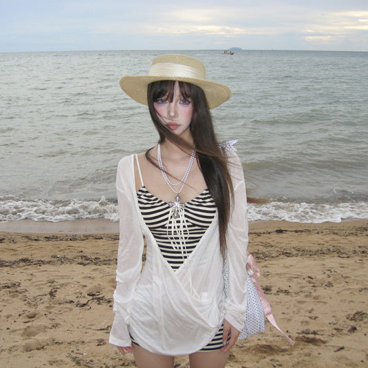 sheer striped bikini cover-up and matching bikini set