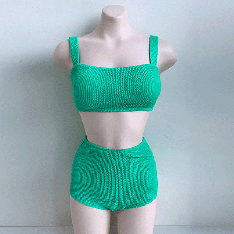 high waist two piece bikini set, colour blocking, figure sculpting swimwear