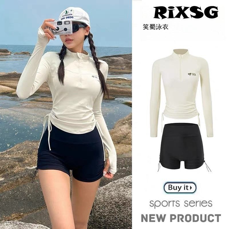conservative long sleeve two piece swim set with drawstring waist