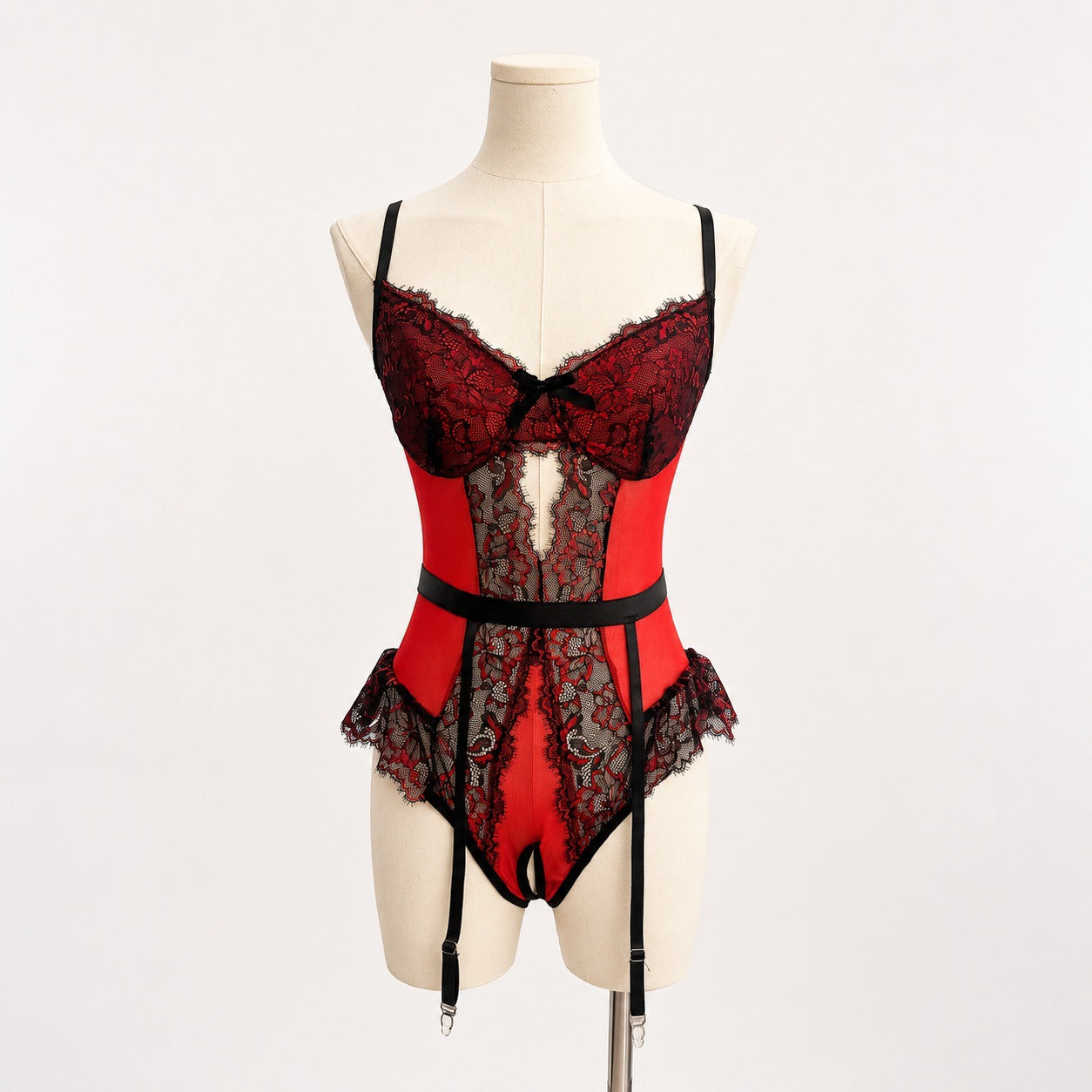 Sexy Lace Cutout Lingerie Bodysuit with Strappy Suspender