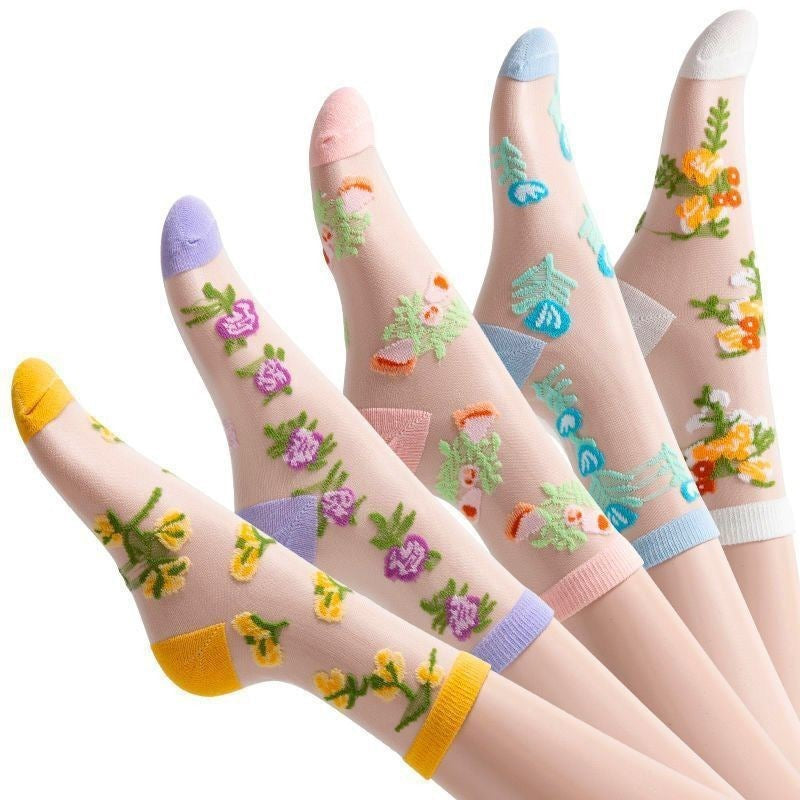 Sheer Floral Mid Calf Socks Women Breathable Crystal Silk Cute Summer
