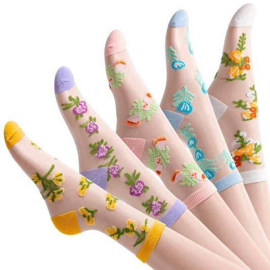 Sheer Floral Mid Calf Socks Women Breathable Crystal Silk Cute Summer
