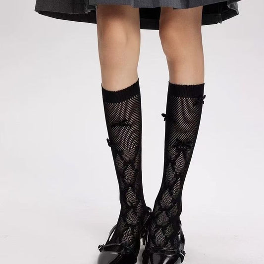 Ballet Style Mesh Mid-Calf Socks with Bow - Summer Sheer Stockings
