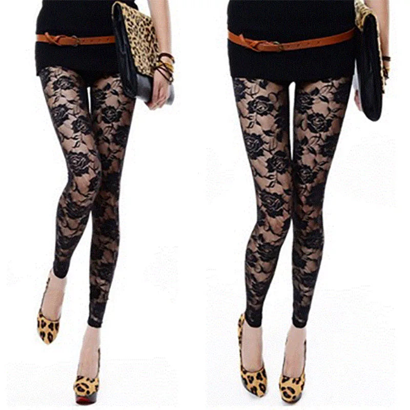 Lace Floral Cropped Leggings for Women - Sheer 9/10 Length Trousers