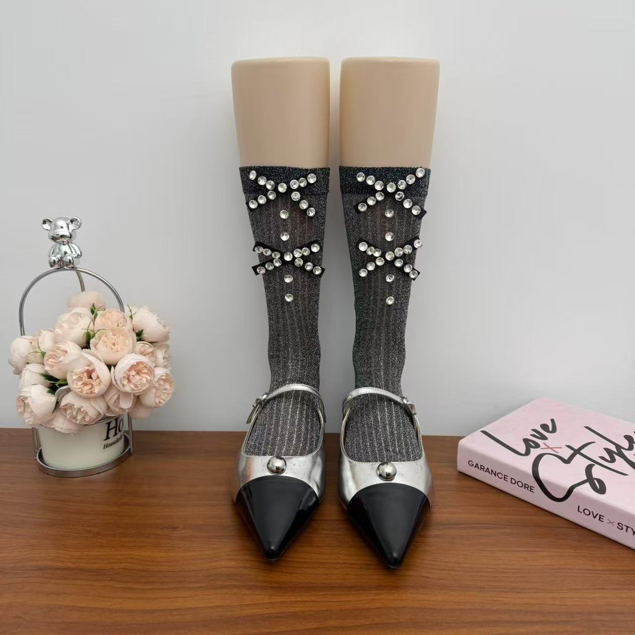 Pearl Embellished Sheer Mid-Calf Socks Ballet Style Bow Detail