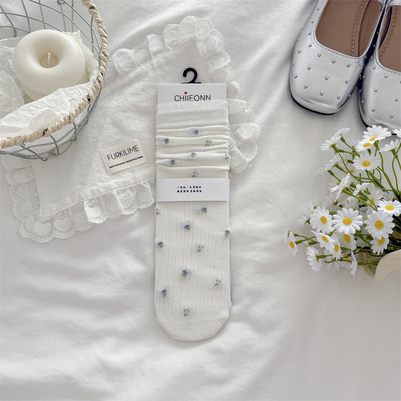 Sheer Floral Lace Trim Mid Calf Socks for Women