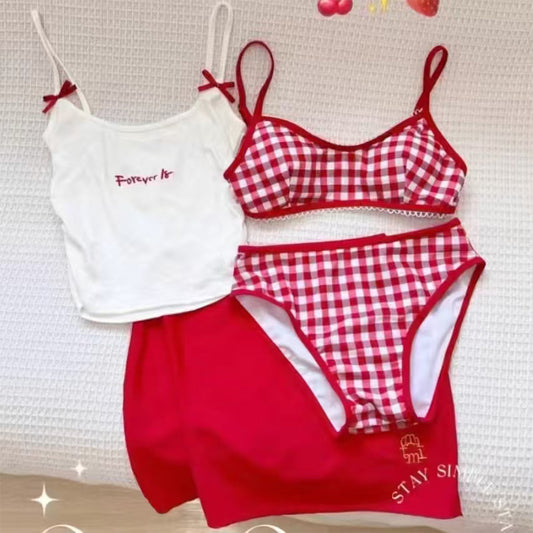 Conservative Four-Piece Suspender Bikini Set with Skirt