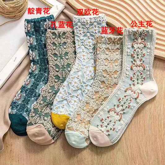 Vintage Floral Embroidered Cotton Crew Socks for Women