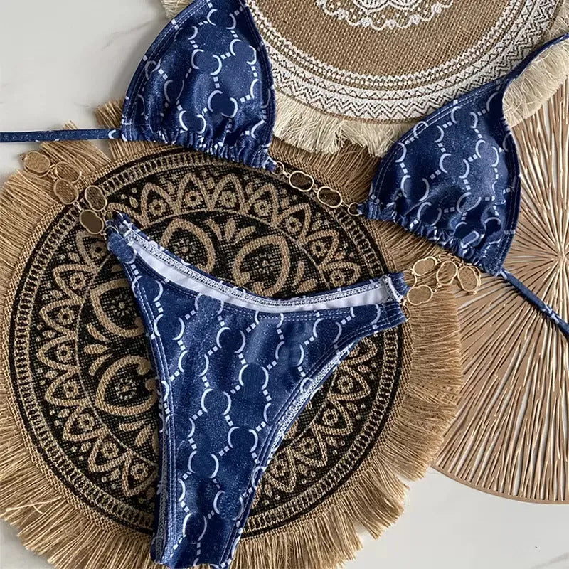 Summer Chain Bikini Set - Geometric Print with Gold Hardware