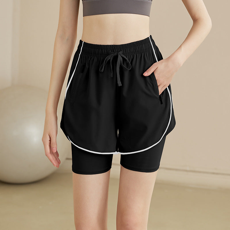 High-waisted faux-two-piece running shorts - quick-dry summer yoga shorts
