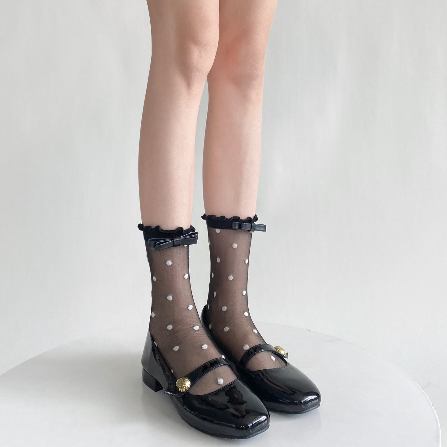 Polka Dot Sheer Socks with Bow Detail - Black & White Cute Ankle Socks