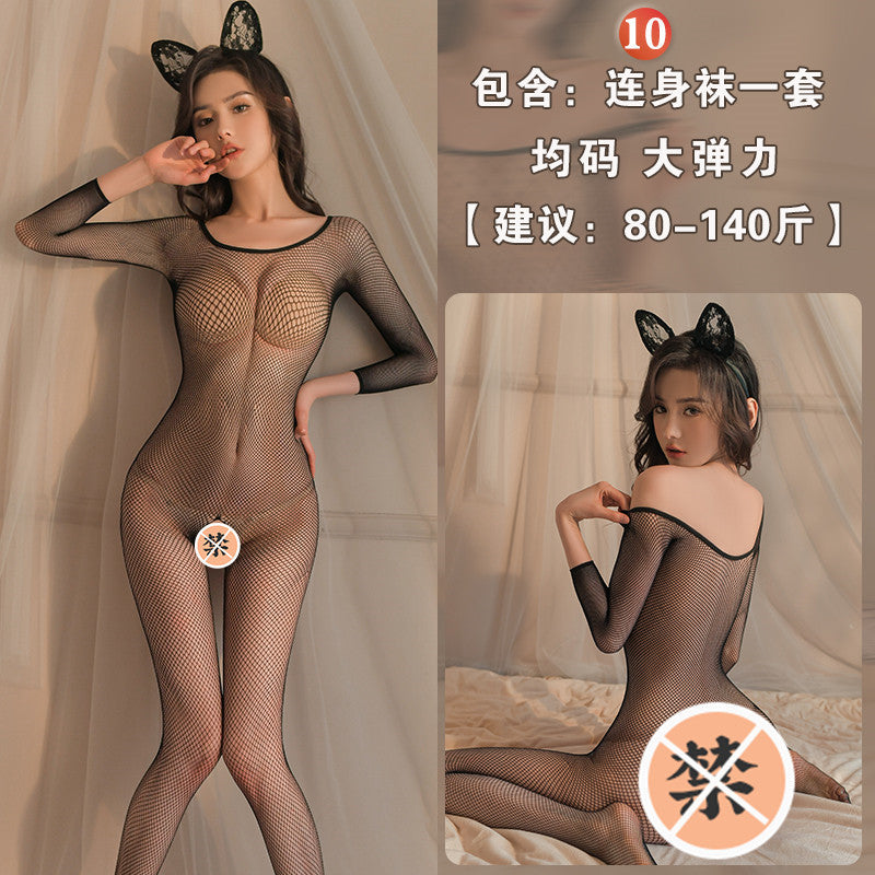 transparent sheer open crotch teddy bodysuit with black stockings & sheer mesh