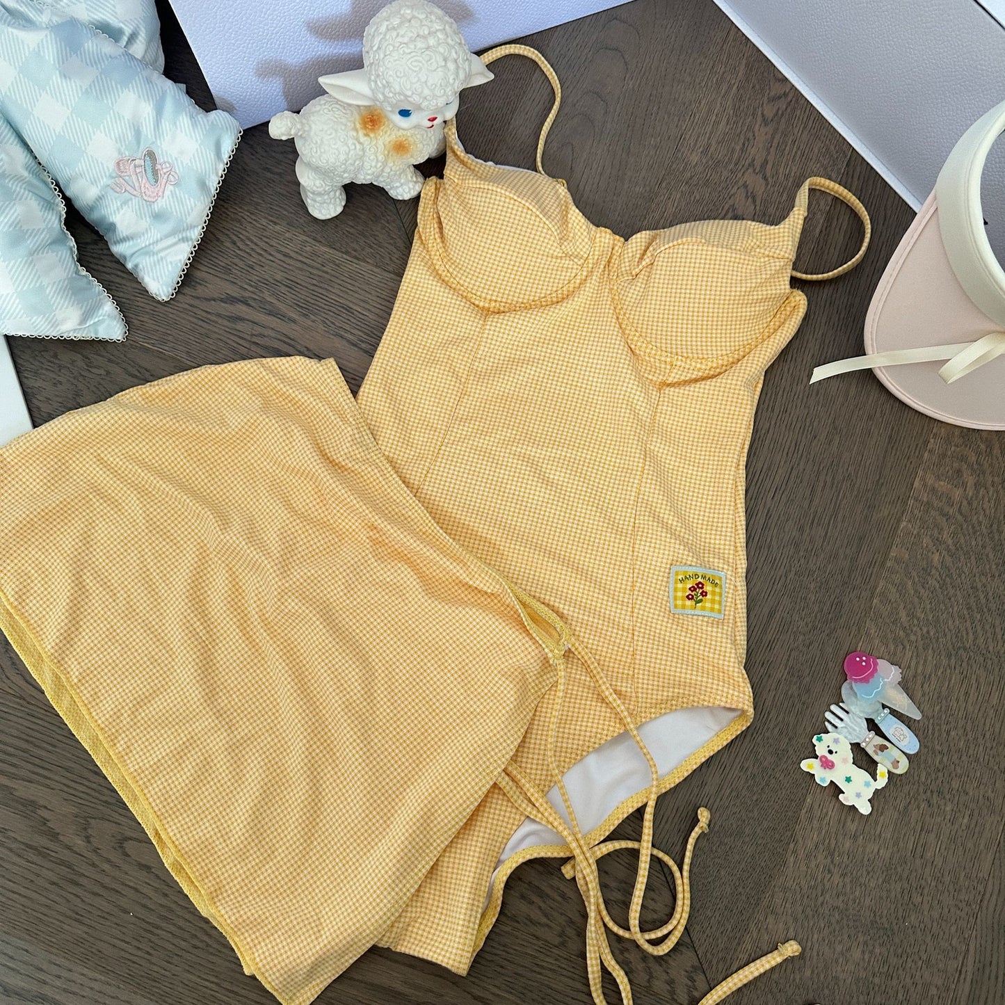 Grid two-piece hot spring one-piece swimsuit steel support ruched slim conservative skirt style