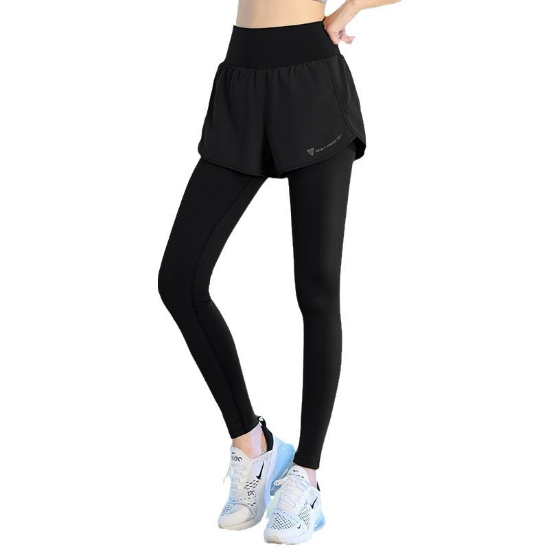 High-Waist Fake Two-Piece Yoga Leggings Zip Pockets