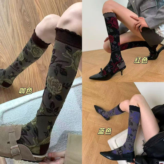 French Vintage Rose Embroidered Knee High Socks in Coffee