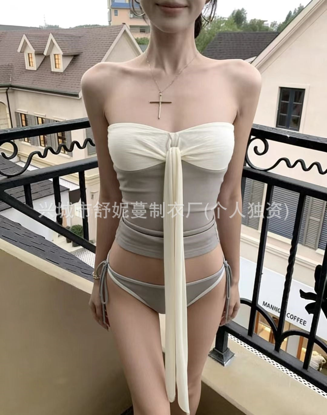 Pure Desire Tube Top Tie Neck Swimsuit with Pleated Splice