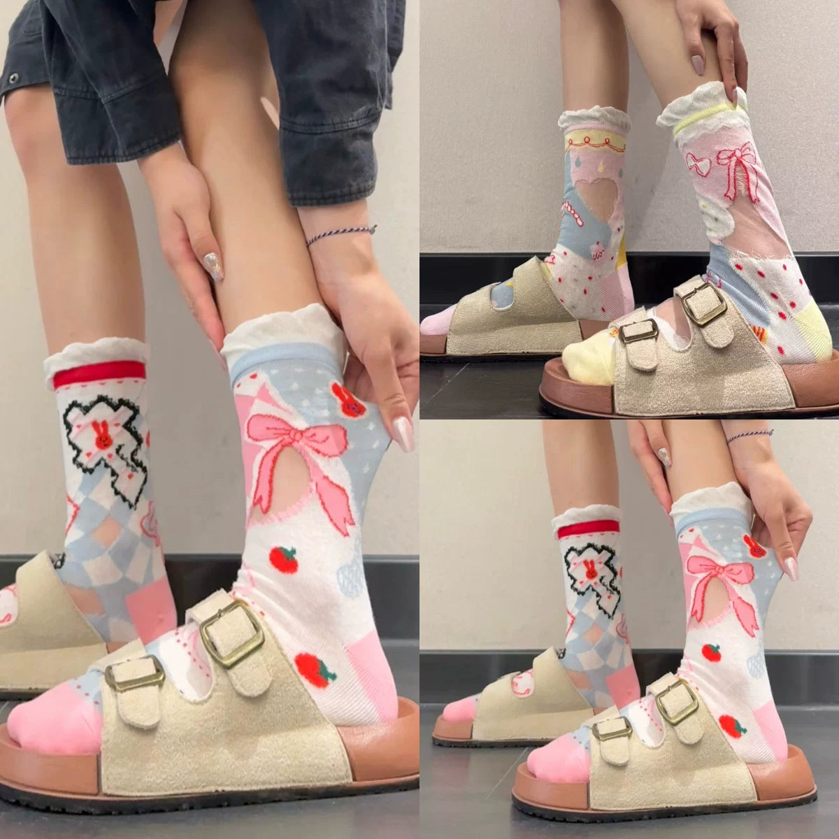 Cute Patterned Crew Socks for Women - Girly Bow Heart Bunny Designs