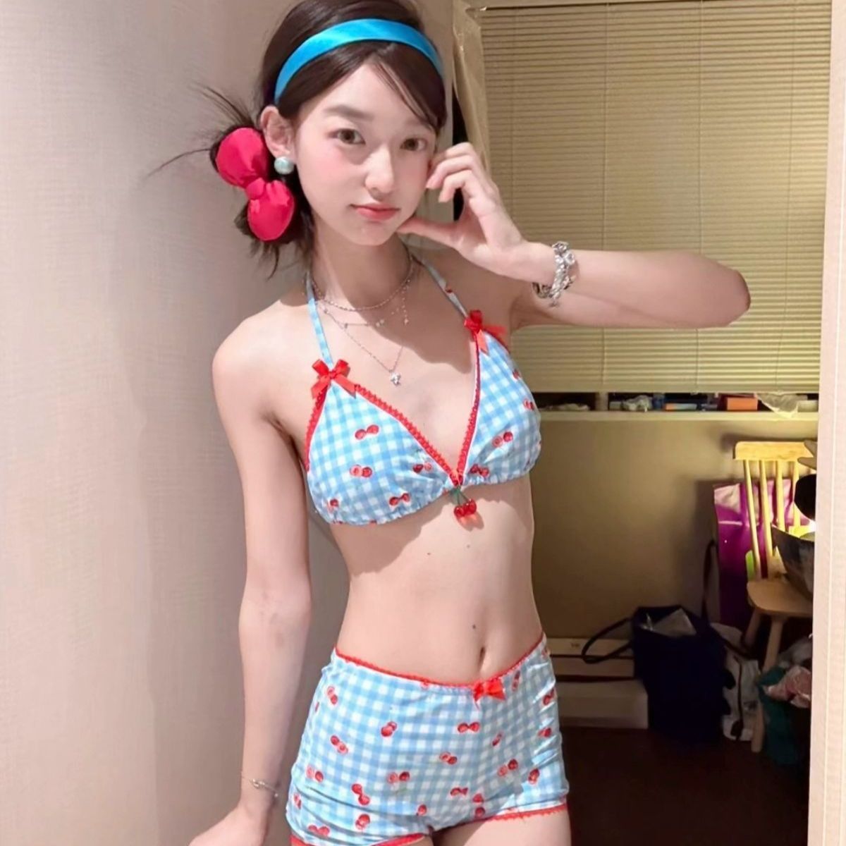 Cherry Y2K Sweet Spice Triangle Bikini Set with Drawstring Hoodie and Protective Cover-Up