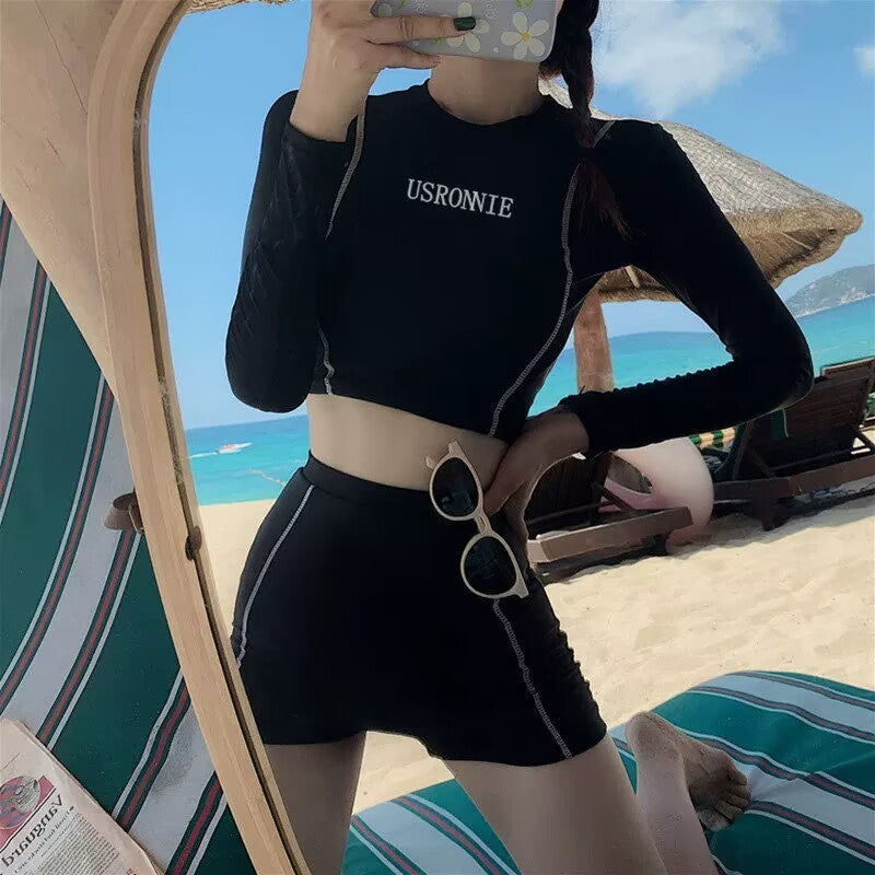 Conservative long-sleeve bikini swimsuit - high-waisted black set with belt