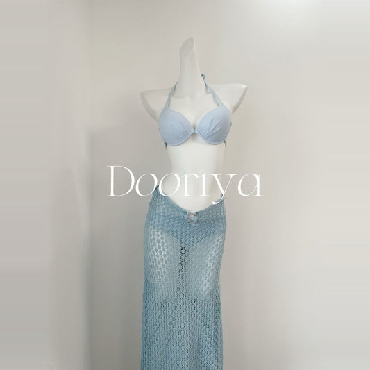 Blue Knit Sweater Bikini Set with Sheer Skirt