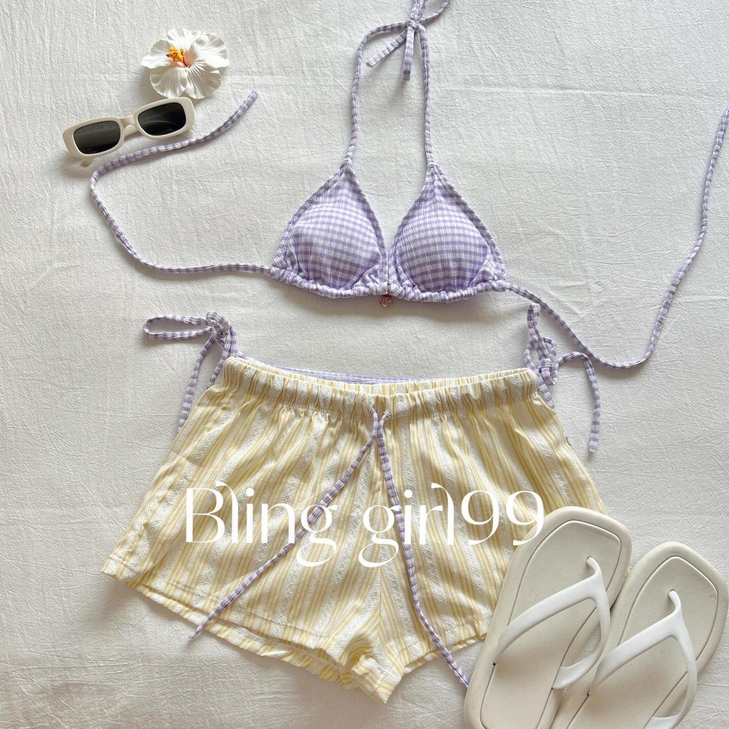 Yellow Striped Bikini Set with Cover Up