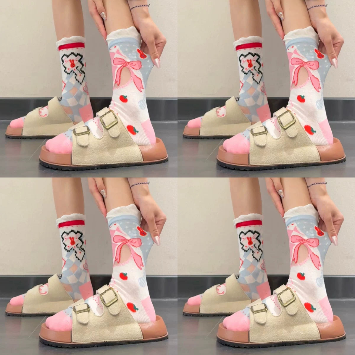 Cute Patterned Crew Socks for Women - Girly Bow Heart Bunny Designs