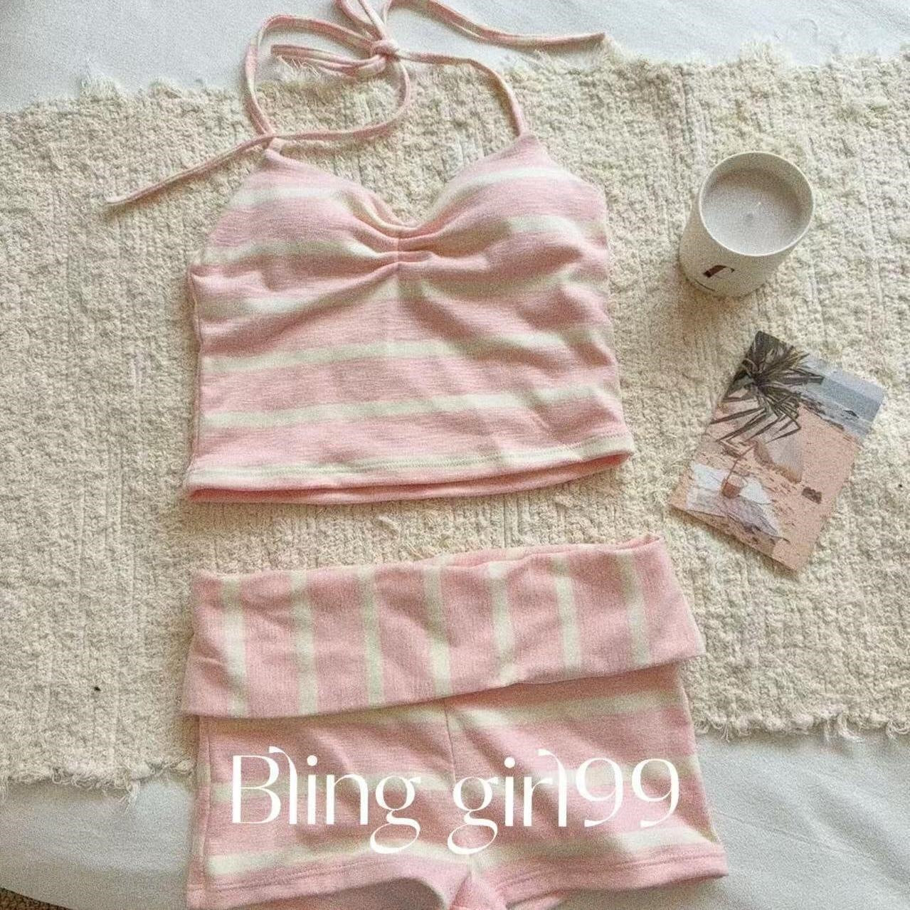 Pink Striped Halter Neck Swimwear with Cover-Up Shirt