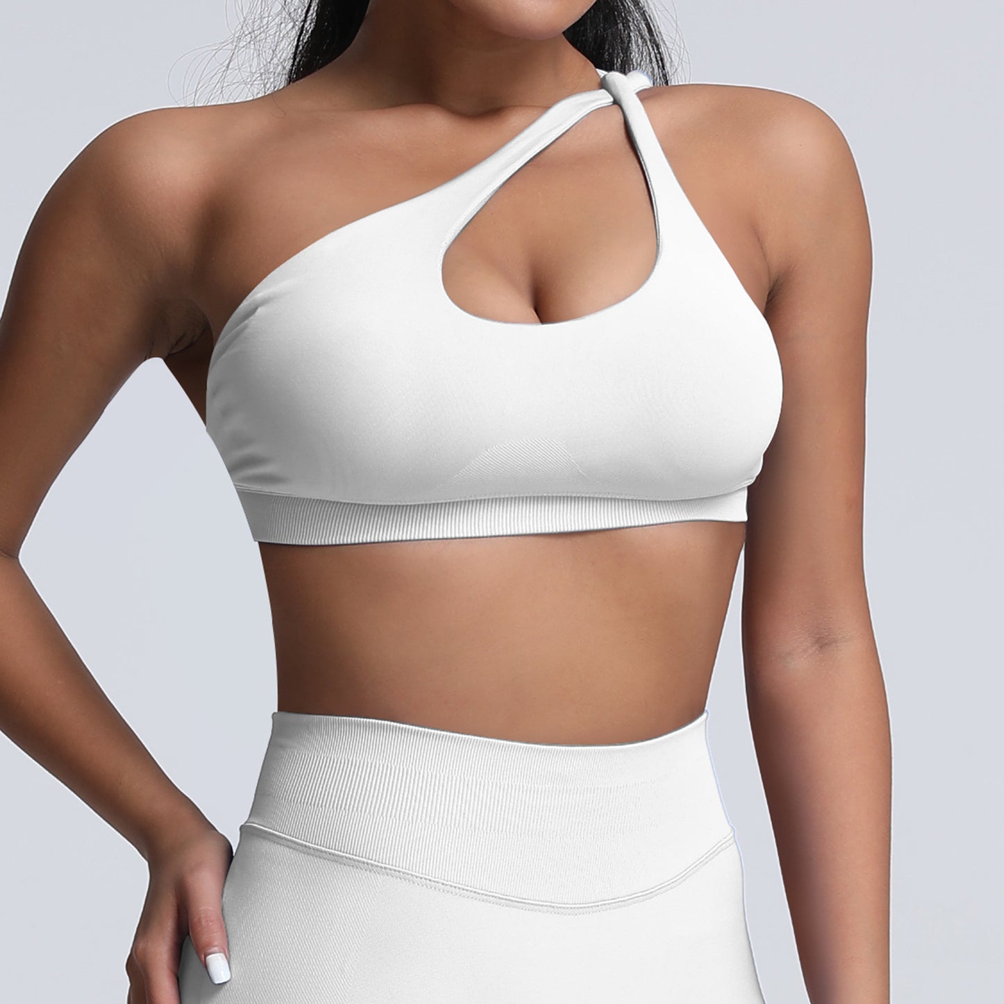 seamless matte nylon sports bra with shoulder strap and open back