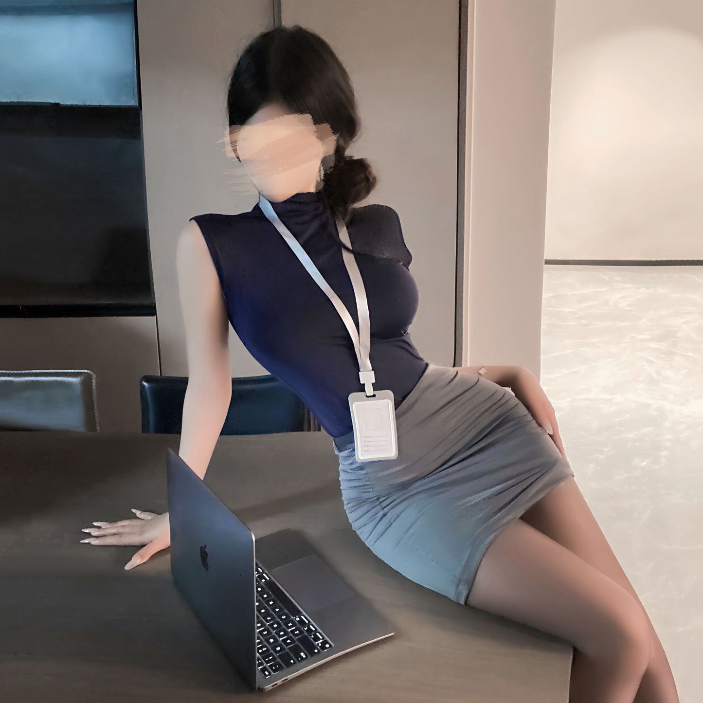 Secreteer office uniform lingerie set with bodycon skirt and sheer stockings