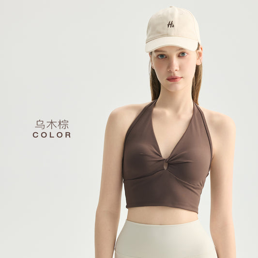 Butterfly Knot V-Neck Halter Yoga Bra with Removable Pads, Adjustable Back Support, Fitness Sports Bra