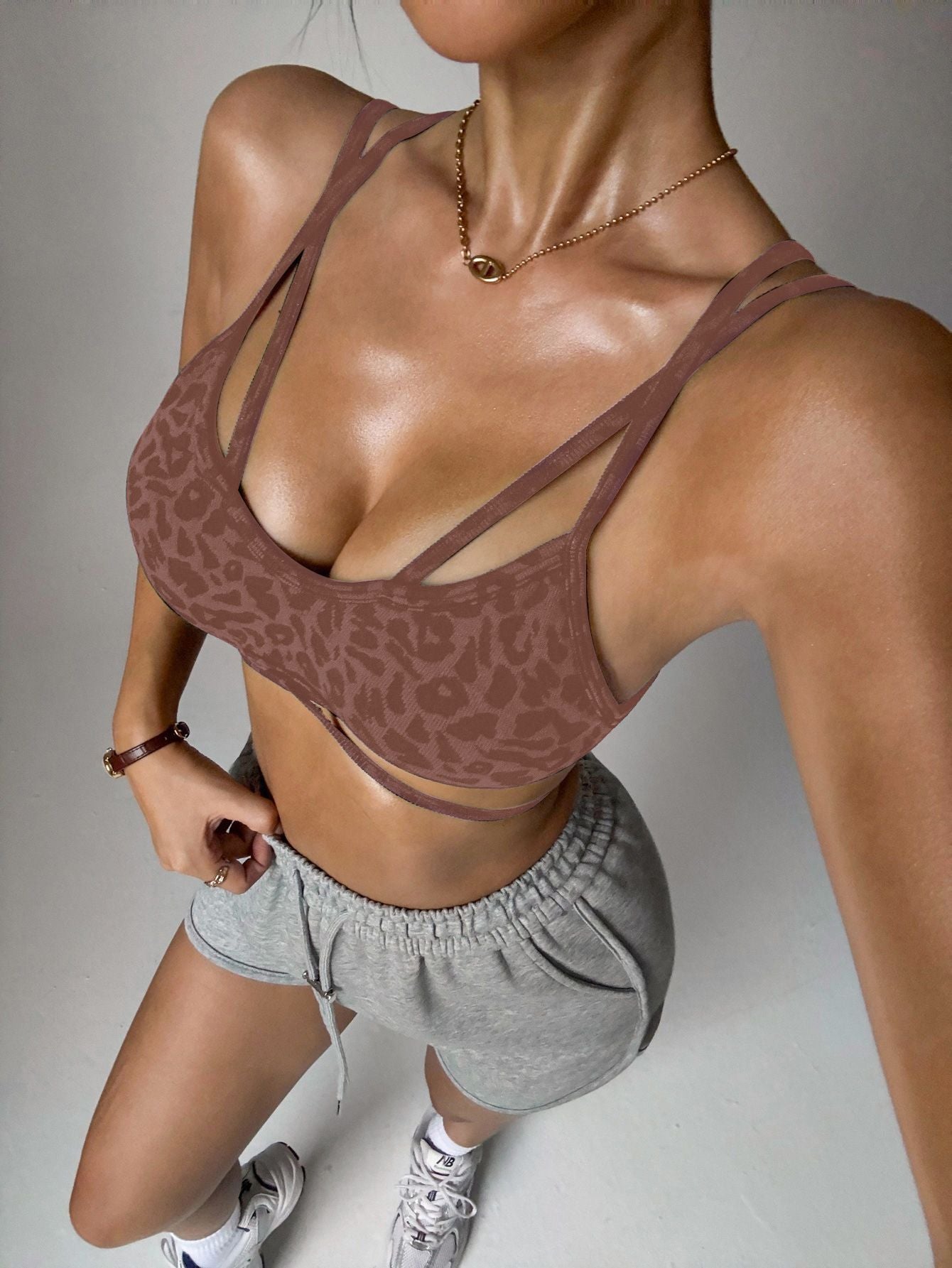 Leopard Print Sports Bra with Crisscross Back Straps