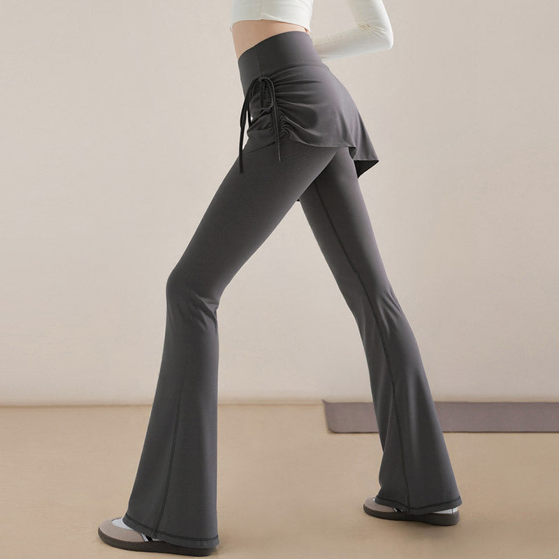 High-Waist Faux Two-Piece Flare Yoga Pants Drawstring Skirt