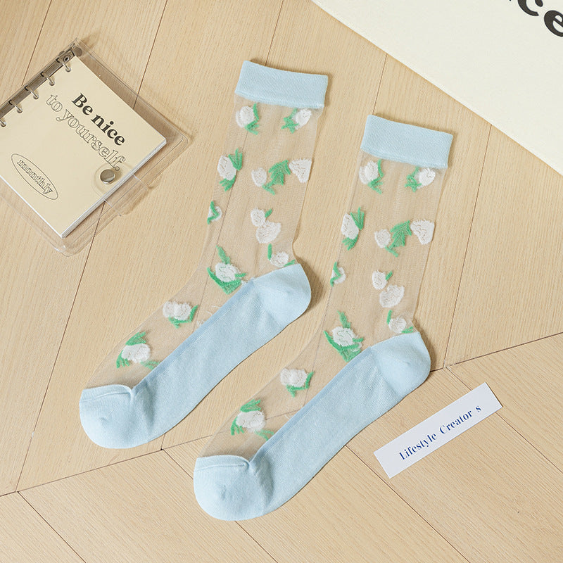 Sheer Floral Mid-Calf Socks Summer Sheer Glass Silk Hosiery