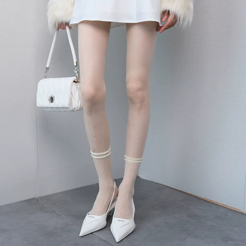 Sheer Grey and Cream Stockings with Striped Cuffs for Women