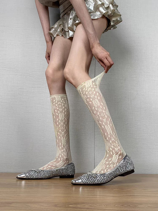 Lace Knee High Socks Vintage Floral Pattern Elegant Rolled Cuff