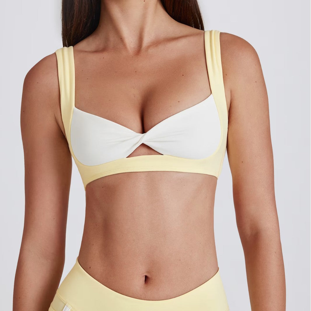 Summer Contrast Cutout Sports Bra Deep U Yoga Mesh Back