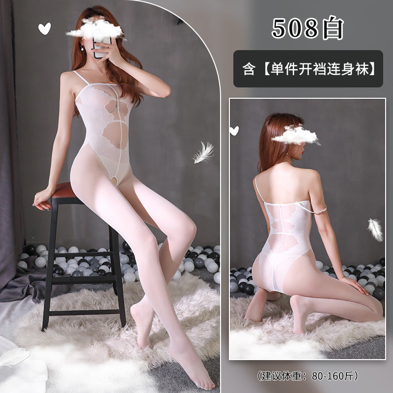 Sheer White Lace Suspender Bodystocking with Black Silky Contrast