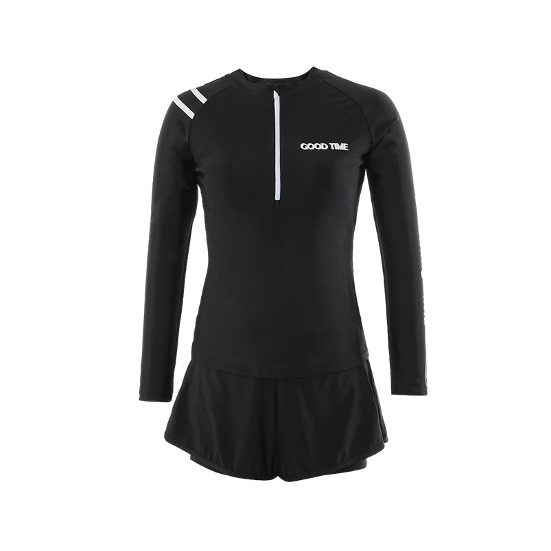 Conservative Long-Sleeve Swim Dress - Zipper Top Tummy Control Swimwear