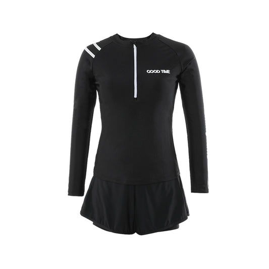 Conservative Long-Sleeve Swim Dress - Zipper Top Tummy Control Swimwear