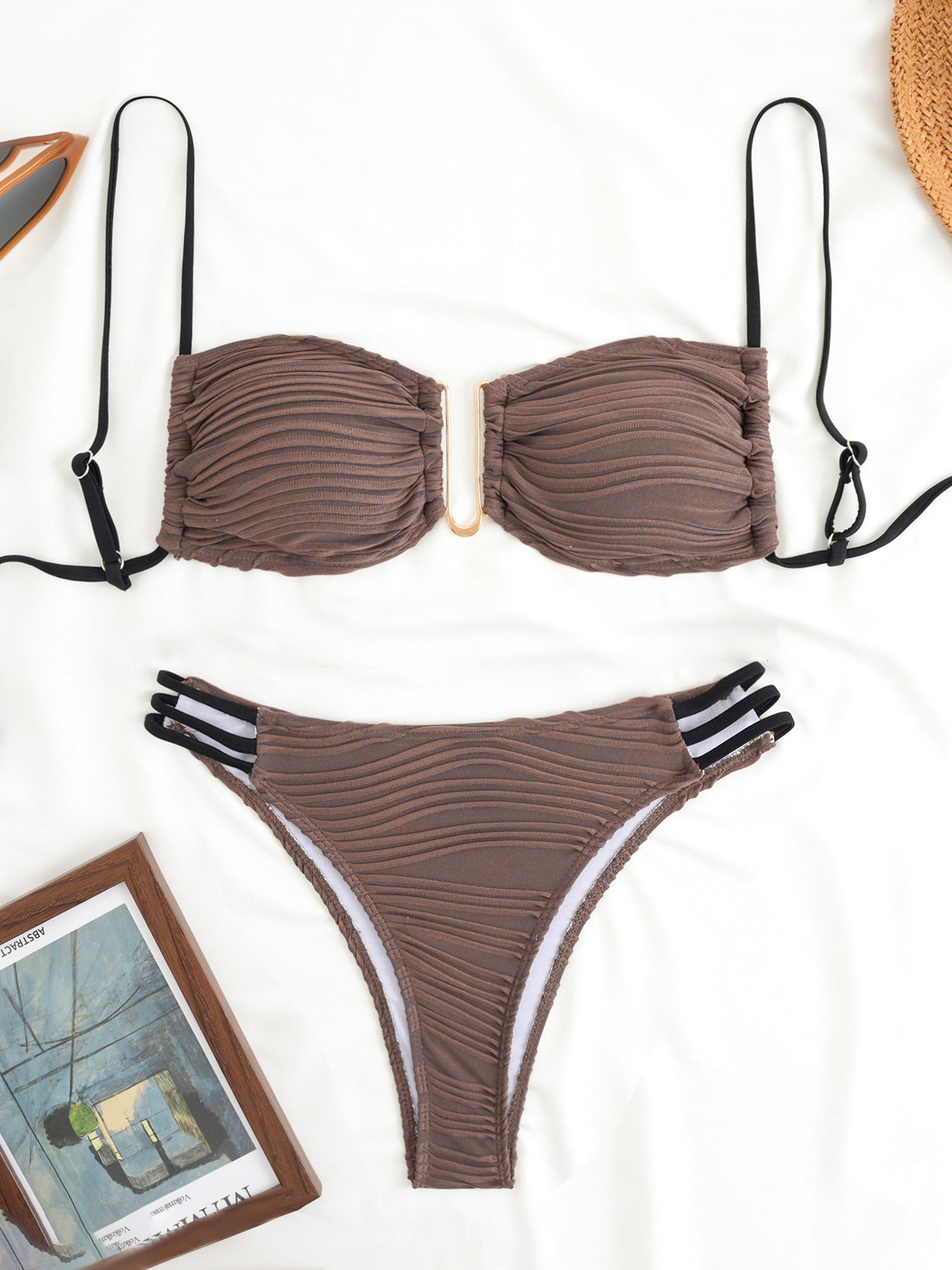 Sexy Underwire Bikini Set - Apricot Plunging Triangle Top