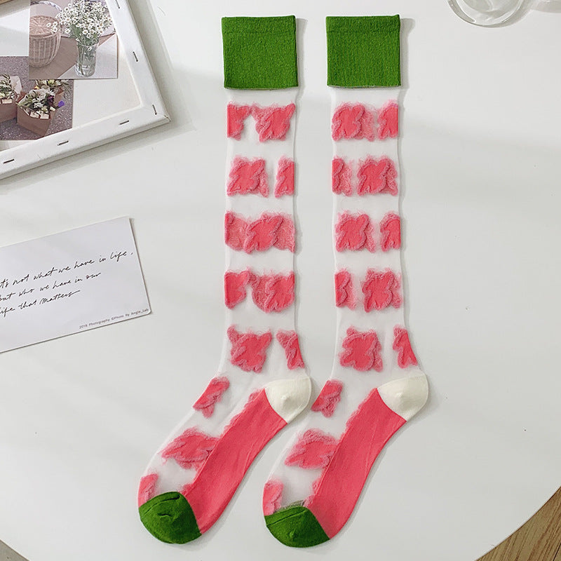 Floral Sheer Knee High Socks for Women - Navy & Pink Lace Cotton
