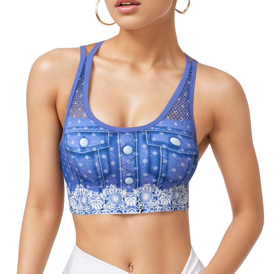 Powder Blue Denim Print Sports Bra
