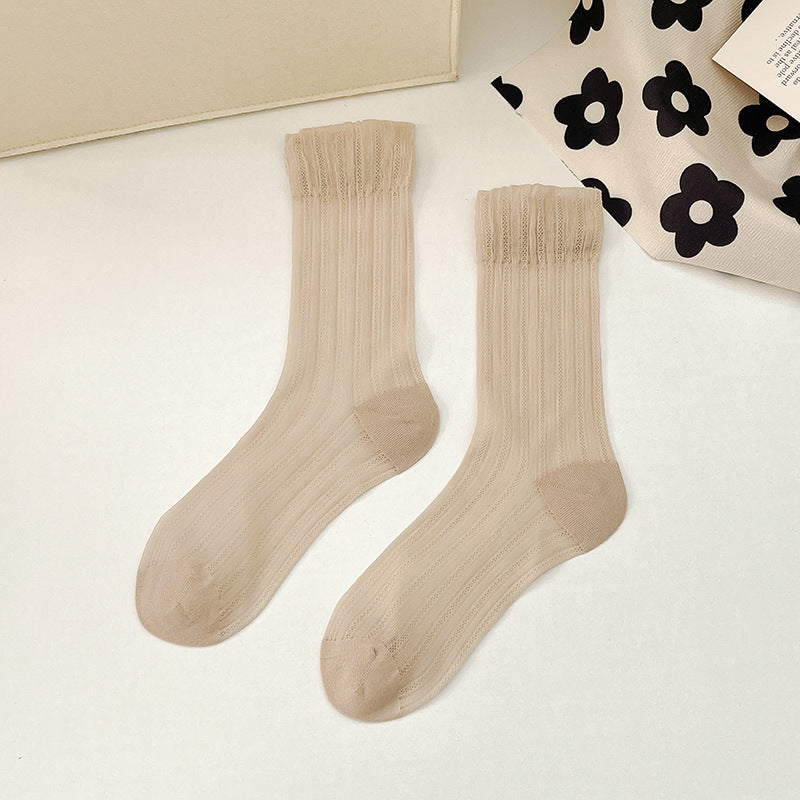 Breathable Mid Calf Sheer Socks for Women - Summer Thin Ribbed Crew Socks