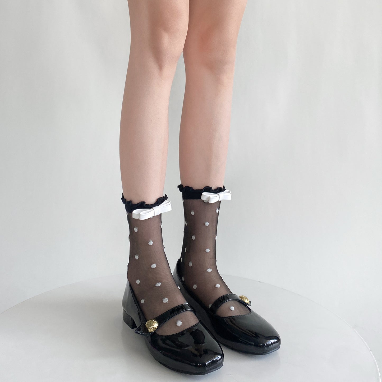 Polka Dot Sheer Socks with Bow Detail - Black & White Cute Ankle Socks
