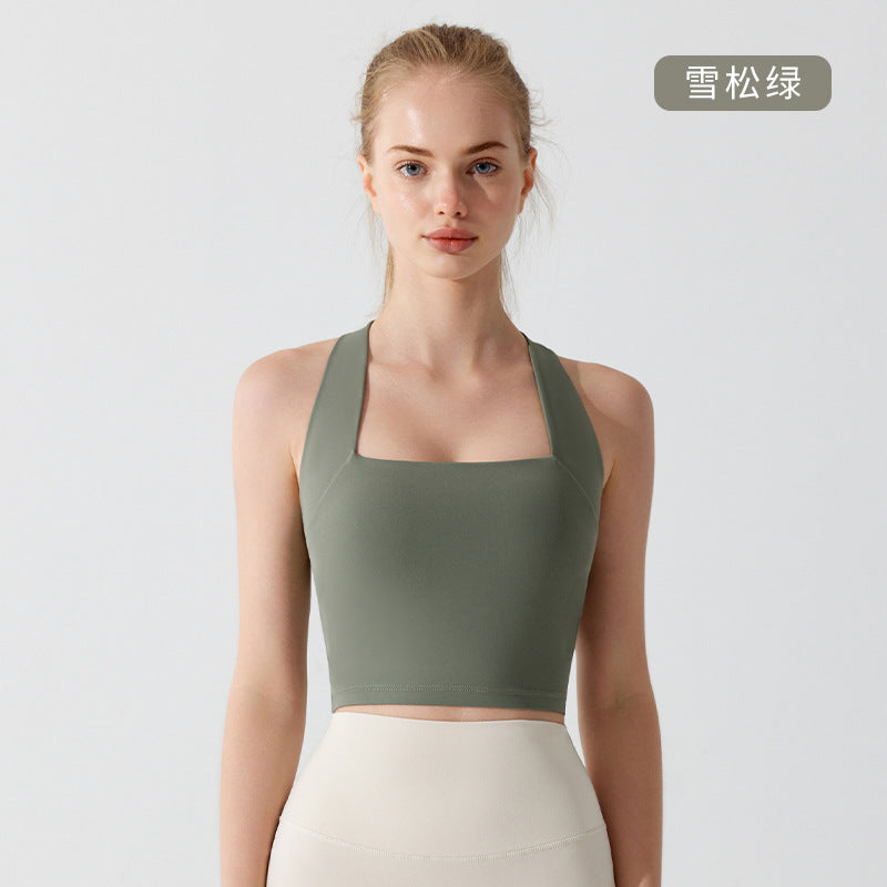 Summer Nude-Feel Antibacterial Crisscross Back Sports Bra Wide Shoulder Strap High Impact Yoga Bra