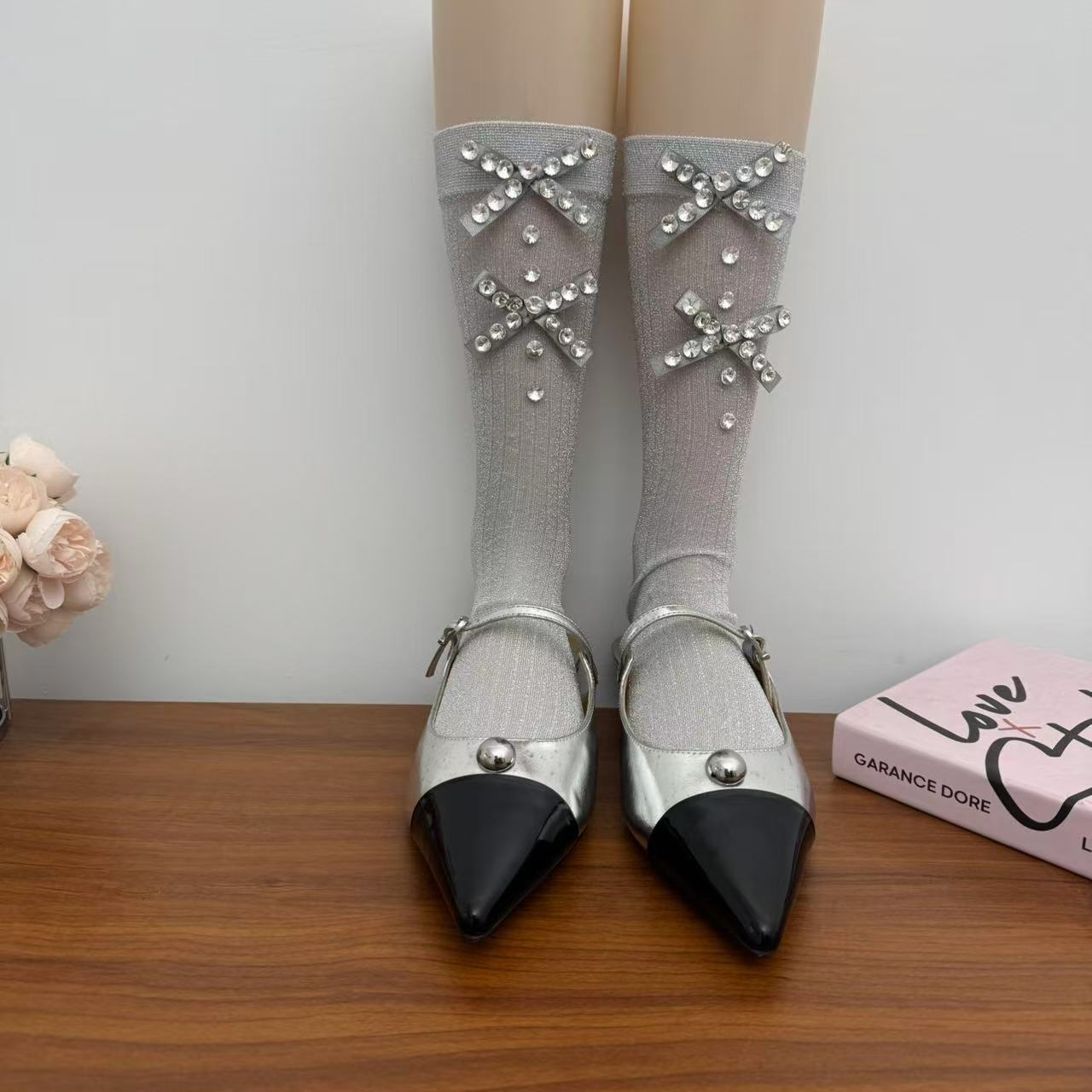 Pearl Embellished Sheer Mid-Calf Socks Ballet Style Bow Detail